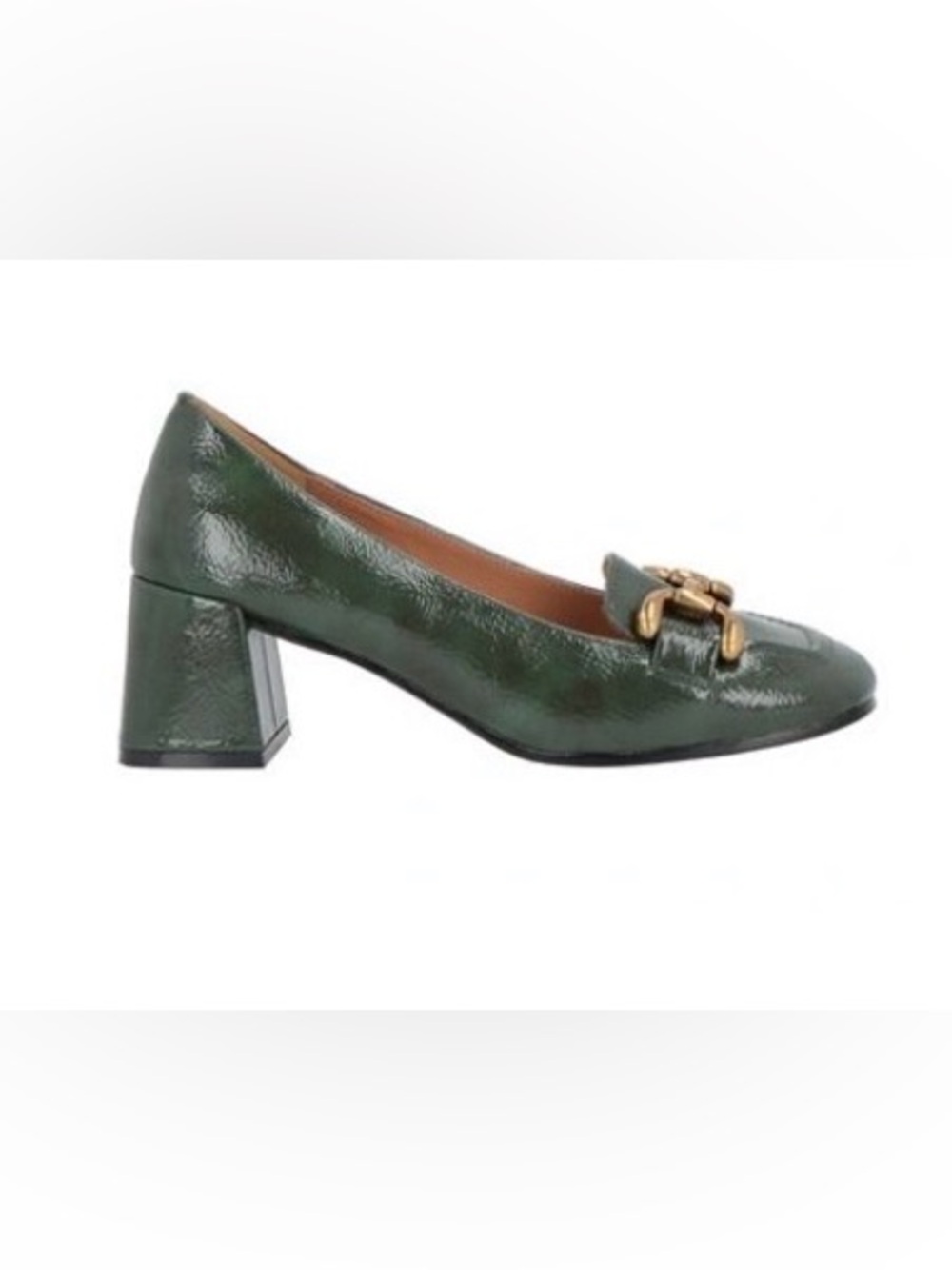 BiBi LOU Patent Dark Green Block Heel Loafers with Gold Chain Accent